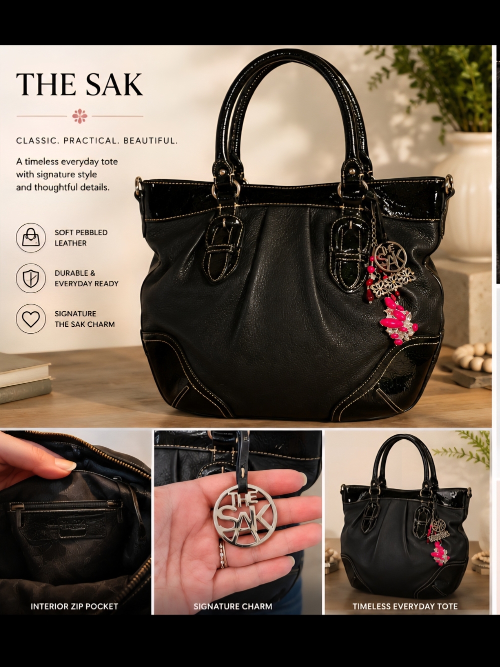 The Sak Black Pebbled Leather Tote with Red Charm